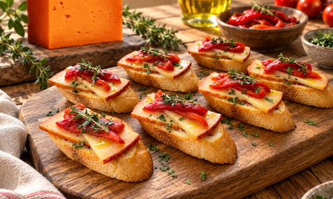 SPANISH CHEESE & ROASTED PEPPER CROSTINI: A SAVORY RECIPE FEATURING ARTEQUESO BUENALBA QUESO OVEJA SEMICURADO CON PIMENTÓN