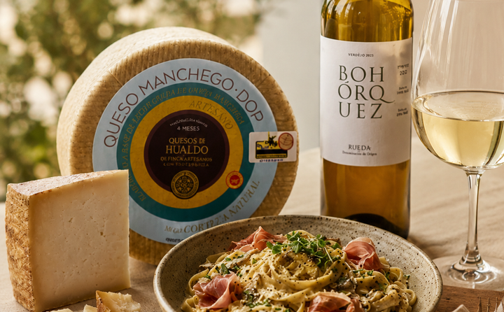 TRUFFLE MUSHROOM PASTA WITH QUESOS DE HUALDO ARTISAN MANCHEGO CHEESE & IBERICO HAM
