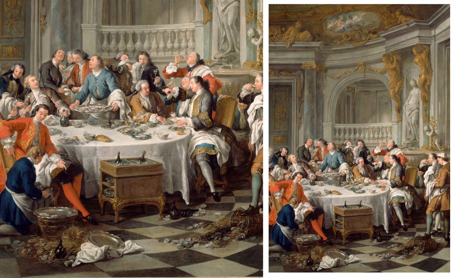 A close up look at Le Déjeuner d'huîtres or The Oyster Dinner by Jean-François de Troy, France's leading history painters in his time. Dated in 1735, it depicts a lavish post-hunt oyster lunch celebrated with the first ever appearance of champagne in a painting.