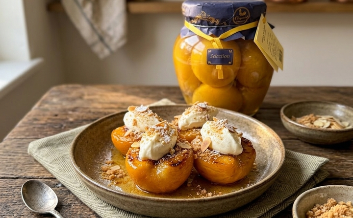 ROASTED COQUET WHOLE PEACHES WITH MASCARPONE & AMARETTI