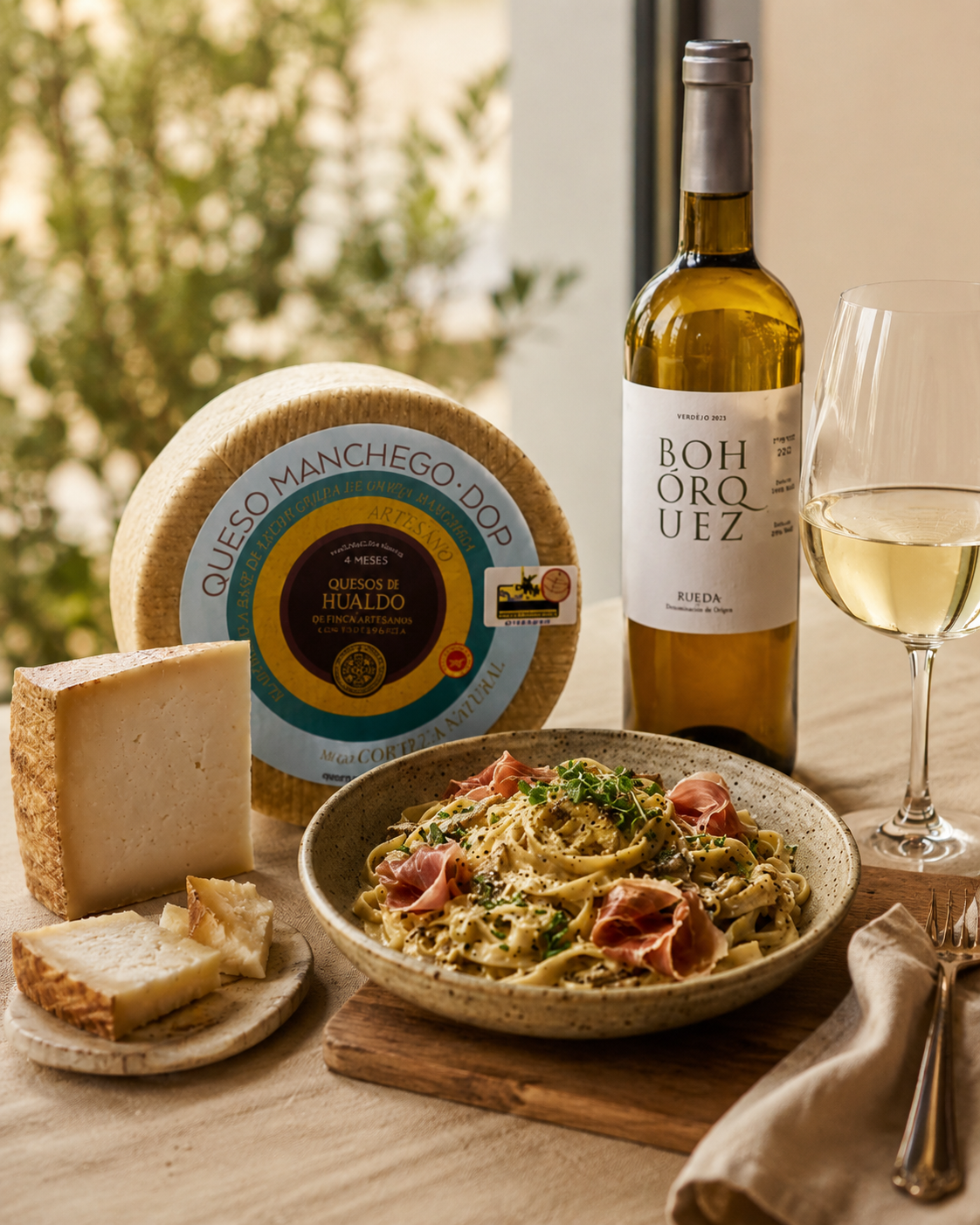 TRUFFLE MUSHROOM PASTA WITH QUESOS DE HUALDO ARTISAN MANCHEGO CHEESE & IBERICO HAM