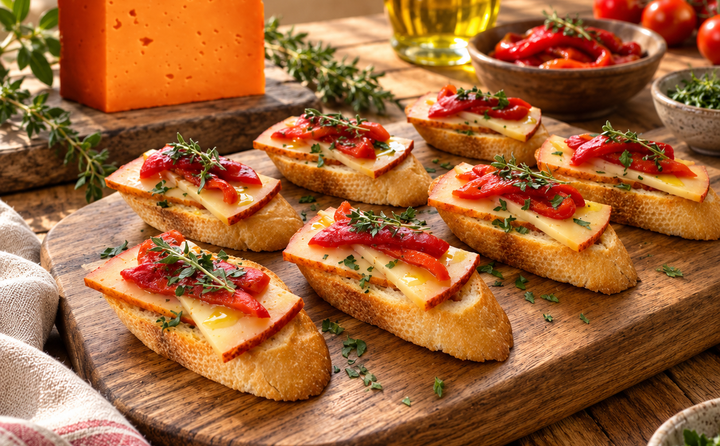 SPANISH CHEESE & ROASTED PEPPER CROSTINI: A SAVORY RECIPE FEATURING ARTEQUESO BUENALBA QUESO OVEJA SEMICURADO CON PIMENTÓN