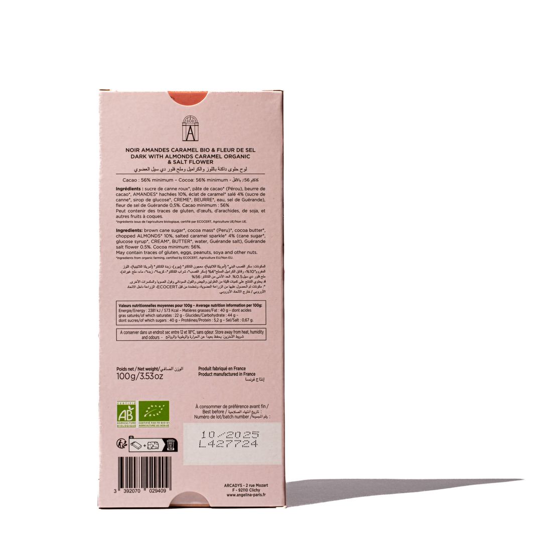 Angelina Organic Salt Flower & Caramelized Almonds Dark Chocolate 56% Bar thumbnail 4