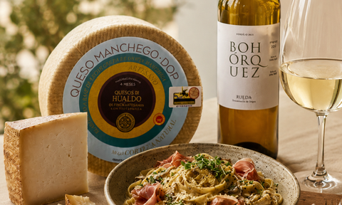 TRUFFLE MUSHROOM PASTA WITH QUESOS DE HUALDO ARTISAN MANCHEGO CHEESE & IBERICO HAM