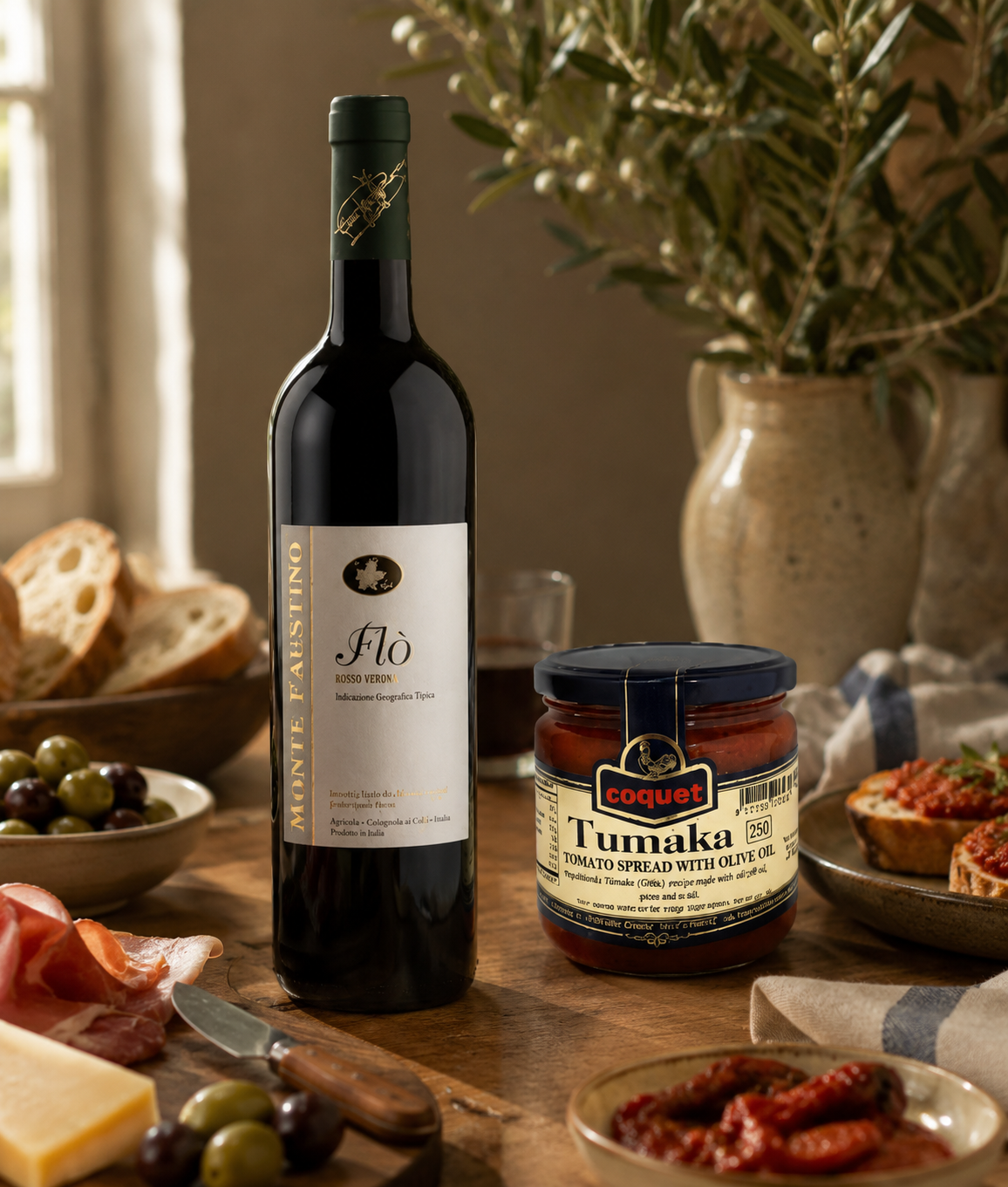 THE ULTIMATE ITALIAN-SPANISH FUSION: MONTE FAUSTINO FLO ROSSO VERONA & COQUET TUMAKA TOMATO SPREAD