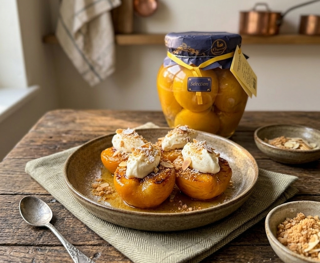 ROASTED COQUET WHOLE PEACHES WITH MASCARPONE & AMARETTI