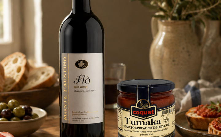 THE ULTIMATE ITALIAN-SPANISH FUSION: MONTE FAUSTINO FLO ROSSO VERONA & COQUET TUMAKA TOMATO SPREAD