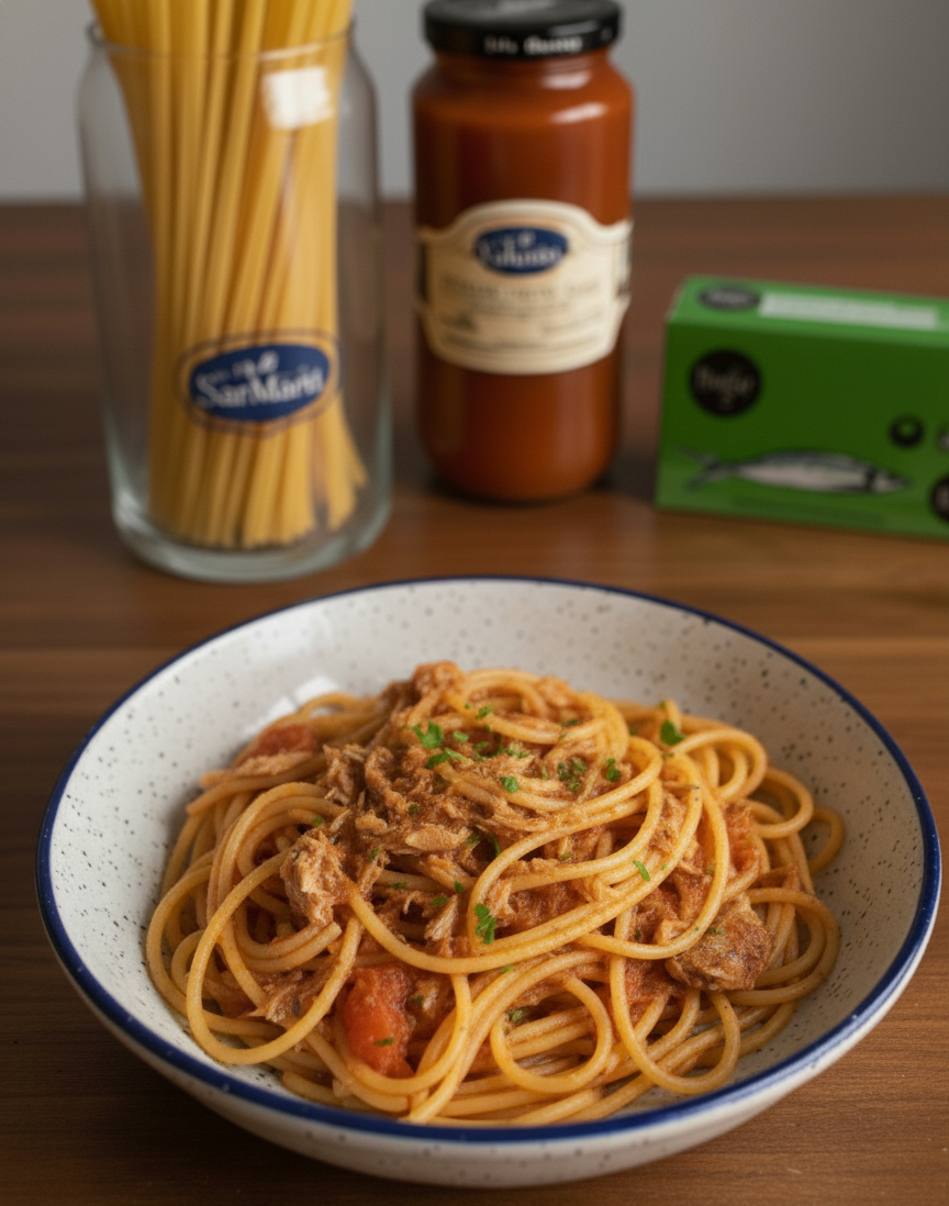 EASY SARDINE SPAGHETTI WITH PREMIUM TOMATO SAUCE